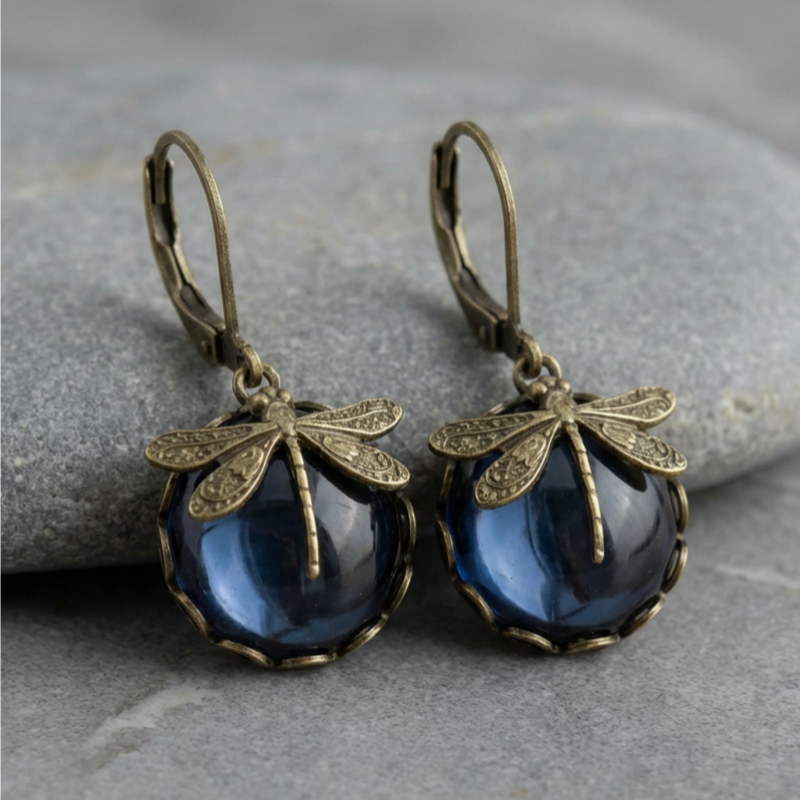 Spherical Dragonfly Earrings in Antique Gold