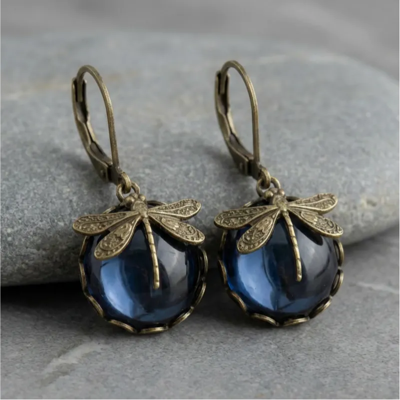 Spherical Dragonfly Earrings in Antique Gold