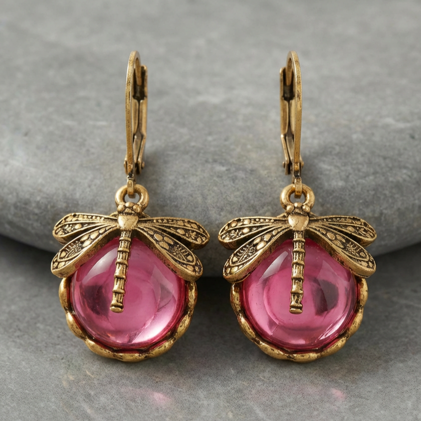 Spherical Dragonfly Earrings in Antique Gold