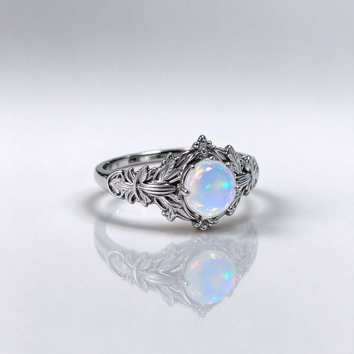 Natural White Opal Floral Leaf Ring, Vintage S925 Dainty Opal Ring for Women