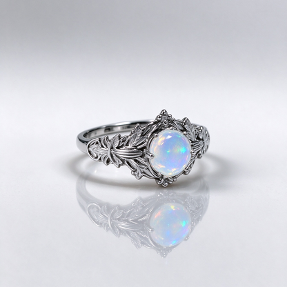 Natural White Opal Floral Leaf Ring, Vintage S925 Dainty Opal Ring for Women