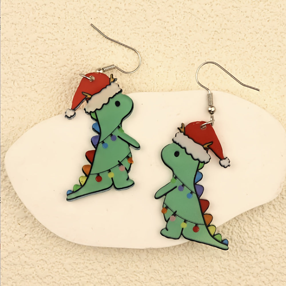Christmas Green Dinosaur Santa Hat Earrings