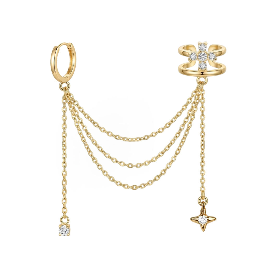 Diamond Cross Cartilage Ear Cuff with Star Tassel Chain Huggie Hoop Earring, Non Pierced Ear Cuff