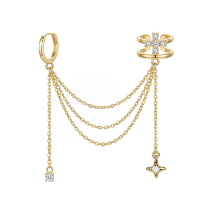 Diamond Cross Cartilage Ear Cuff with Star Tassel Chain Huggie Hoop Earring, Non Pierced Ear Cuff