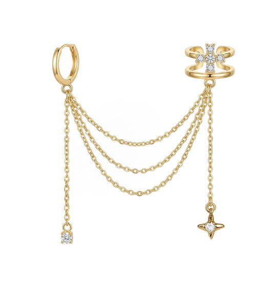 Diamond Cross Cartilage Ear Cuff with Star Tassel Chain Huggie Hoop Earring, Non Pierced Ear Cuff