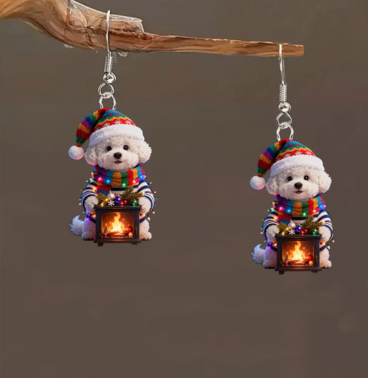 Christmas Teddy Dog Fireplace Earrings
