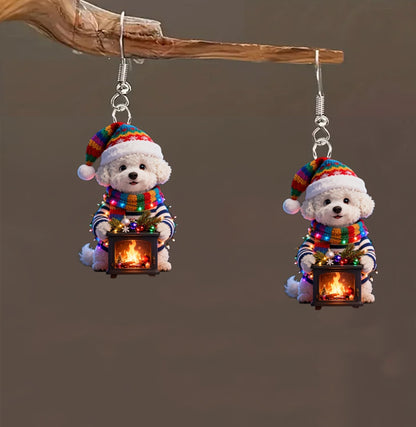 Christmas Teddy Dog Fireplace Earrings