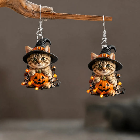 Halloween Witch Cat Pumpkin Dangle Earrings