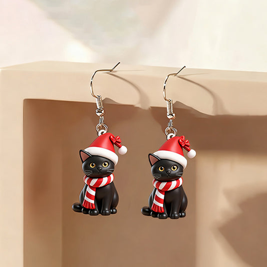 Christmas Little Black Cat Christmas Hat Scarf Earrings