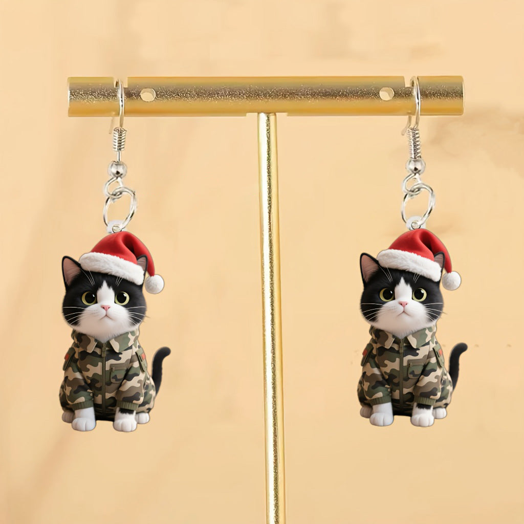 Christmas Wearing Camouflage Clothing Cat with Santa Hats Earrings