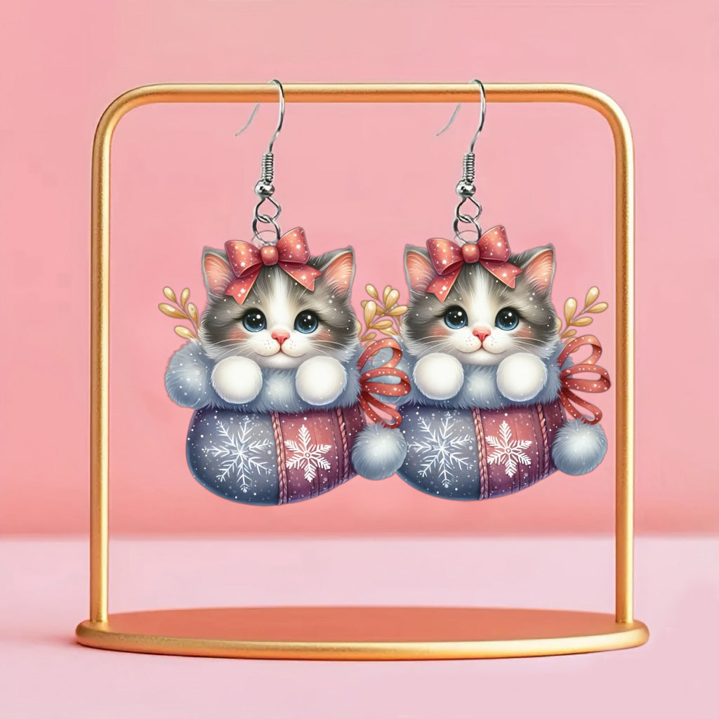 Christmas AcrylicCute Tabby Cat with Pink Bow & Snowflake Pattern Earrings