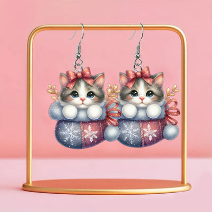 Christmas AcrylicCute Tabby Cat with Pink Bow & Snowflake Pattern Earrings