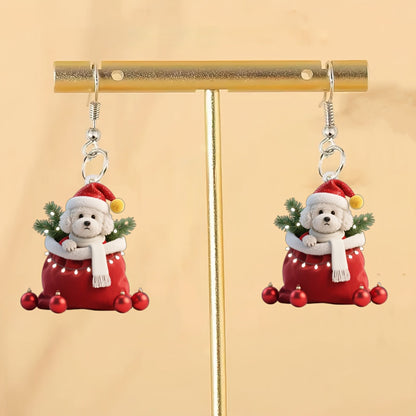 Christmas Cute Poodle in Santa Hat & Scarf Acrylic Earrings