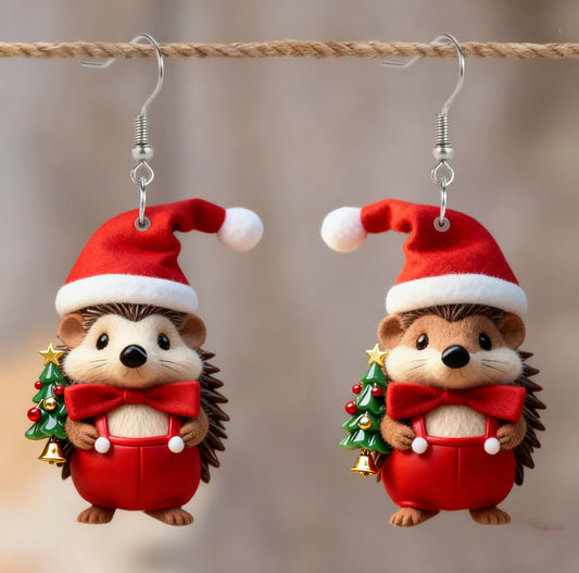 Christmas Hat Hedgehog Bow Overalls Earrings