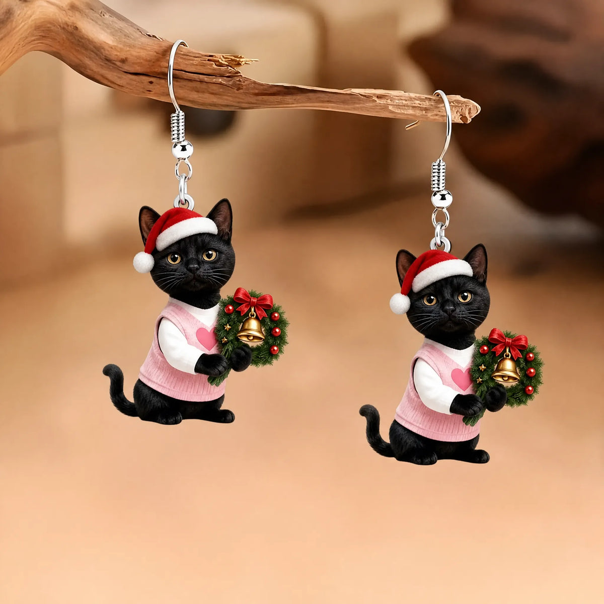 Black Cat Santa Hat Christmas Wreath Earrings