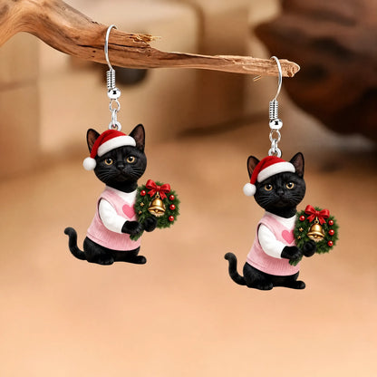 Black Cat Santa Hat Christmas Wreath Earrings