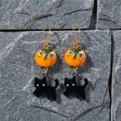 Vintage Pumpkin Black Cat Hook Drop Earrings