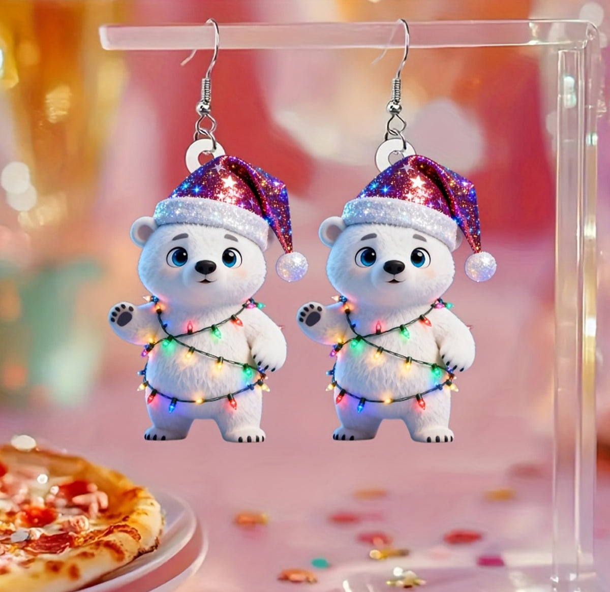Christmas Cute Polar bear with Santa Hat & Twinkling Earrings