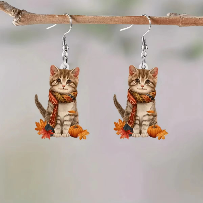Christmas Maple Leaf Cat Earrings