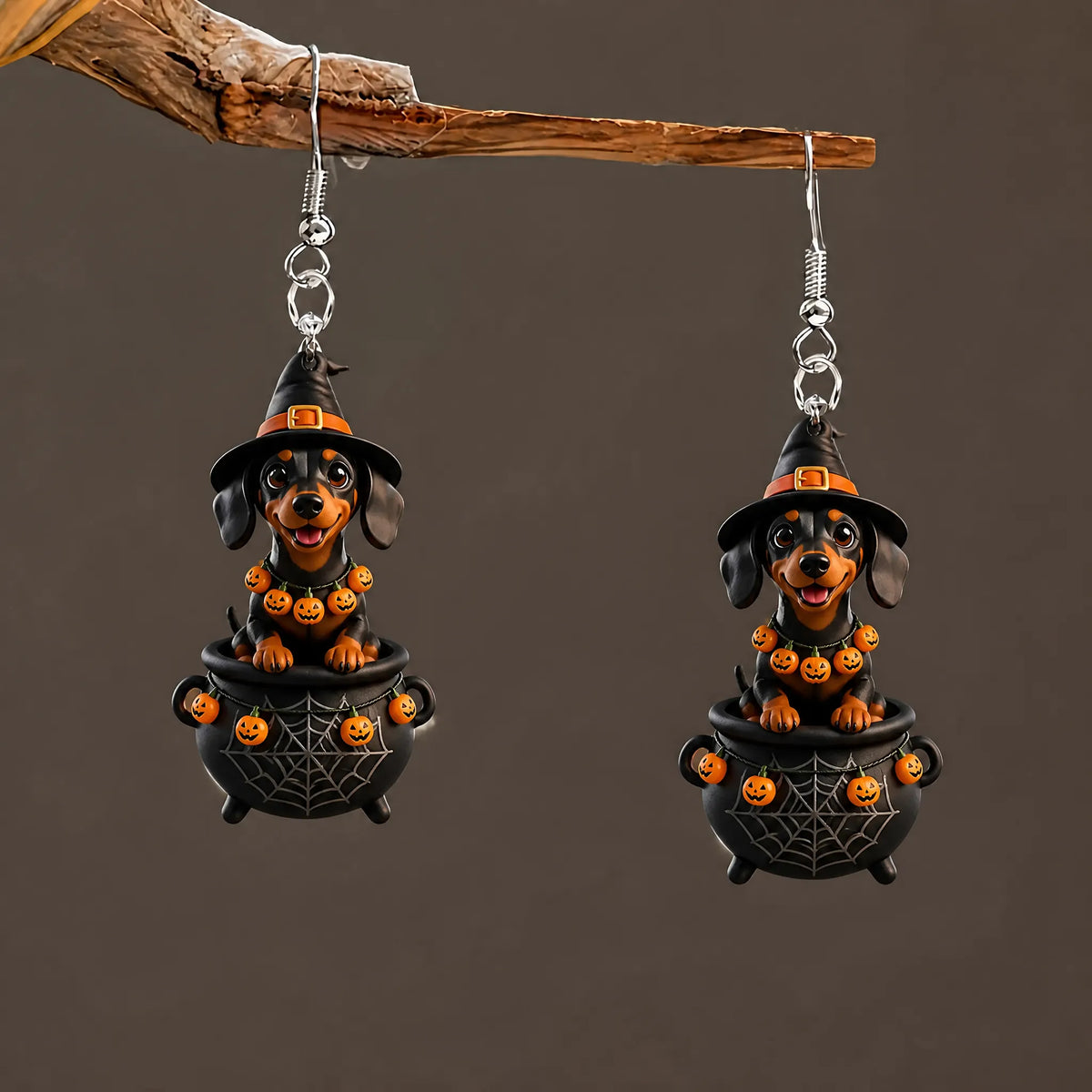 Dachshund In Spider Web Cauldron Witch Pumpkin Garland Halloween Earrings
