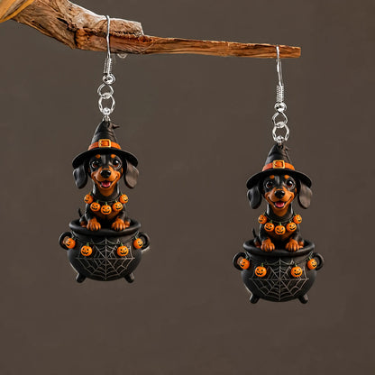 Dachshund In Spider Web Cauldron Witch Pumpkin Garland Halloween Earrings