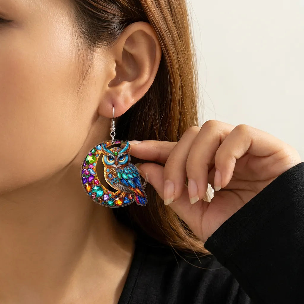 Colorful Rhinestone Owl On Crescent Moon Bohemian Halloween Acrylic Earrings