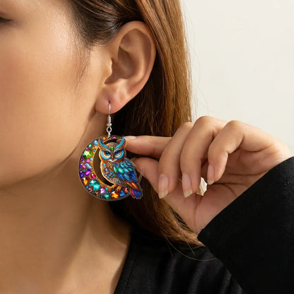 Colorful Rhinestone Owl On Crescent Moon Bohemian Halloween Acrylic Earrings