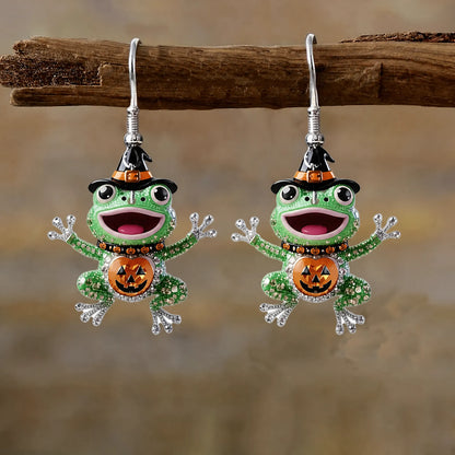 Green Crystal Frog Witch Hat Pumpkin Bat Necklace Halloween Earrings