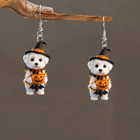 White Maltese Puppy Witch Hat With Pumpkin Halloween Earrings