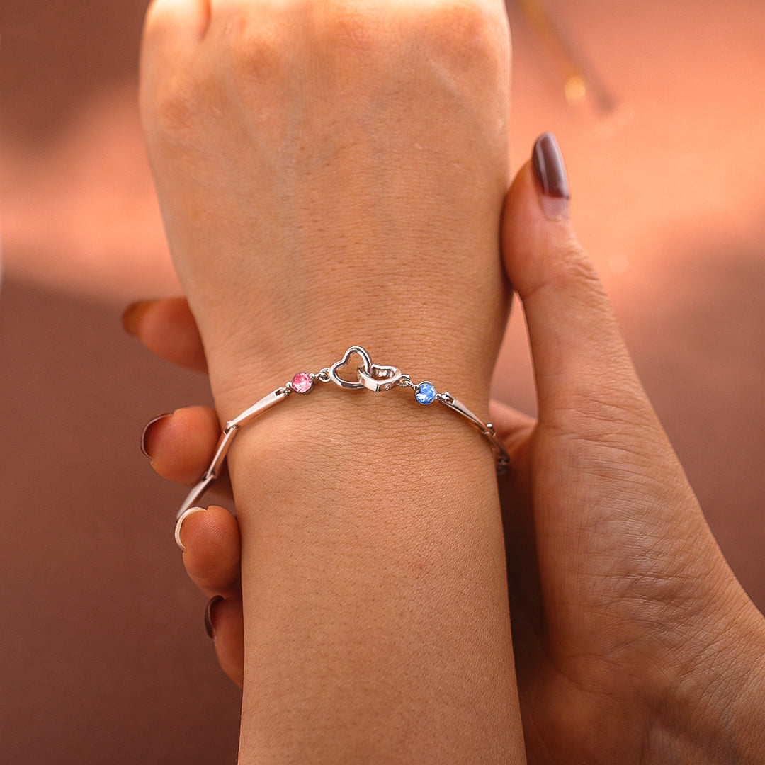 S925 Mother & Daughter Birthstone Custom Double Diamond Double Heart Bracelet