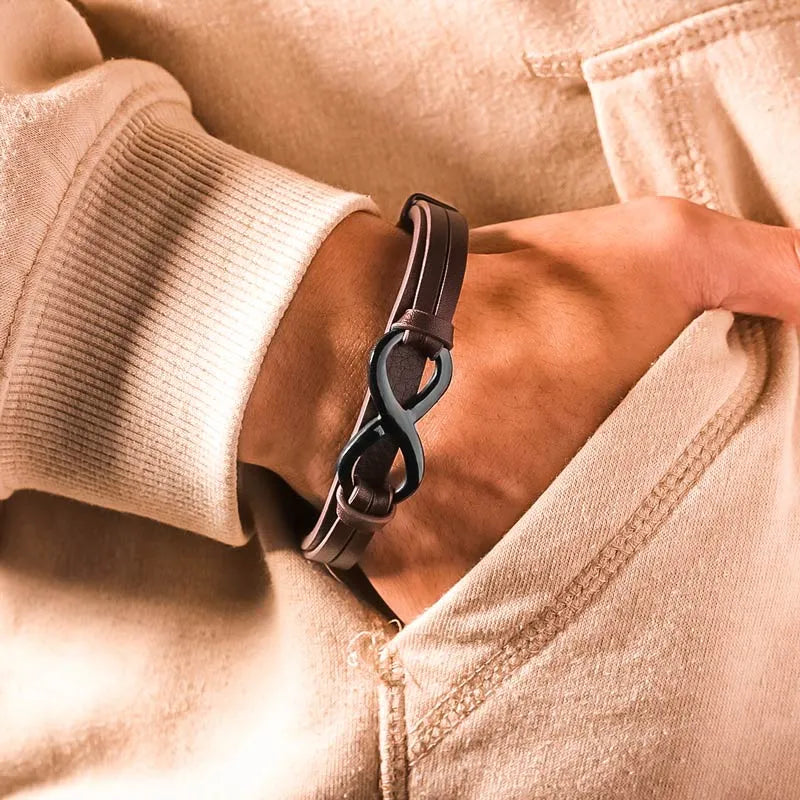 For Love - I Love You Forever And Always Infinity Leather Men's Bracelet