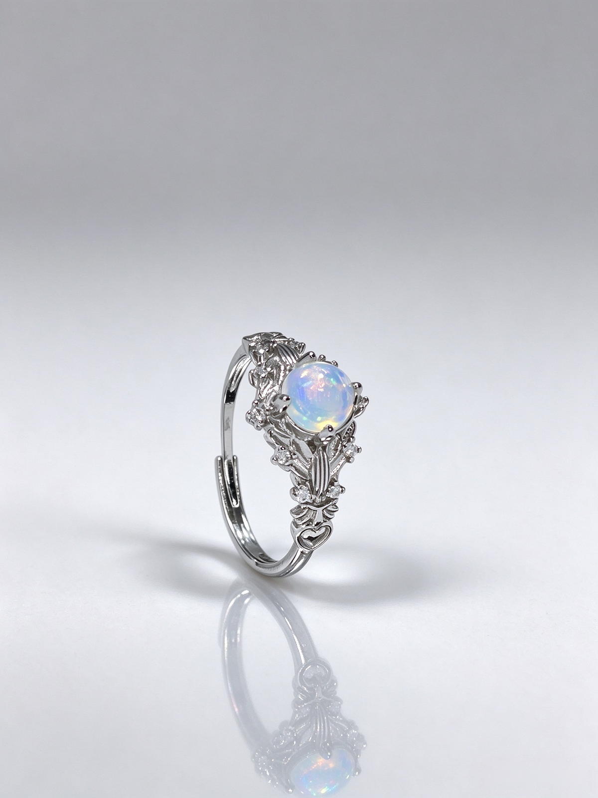Natural White Opal Floral Leaf Ring, Vintage S925 Dainty Opal Ring for Women