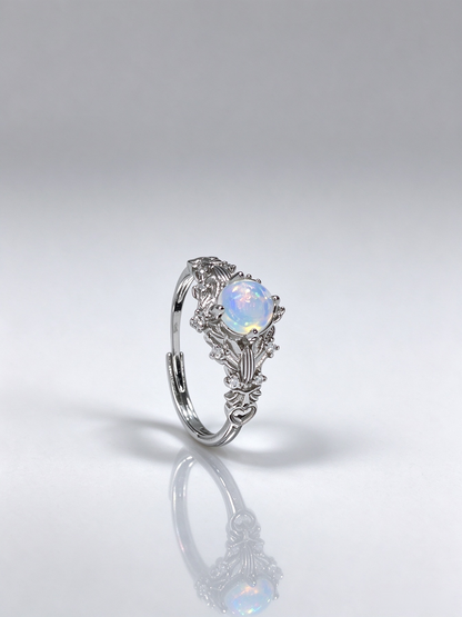 Natural White Opal Floral Leaf Ring, Vintage S925 Dainty Opal Ring for Women