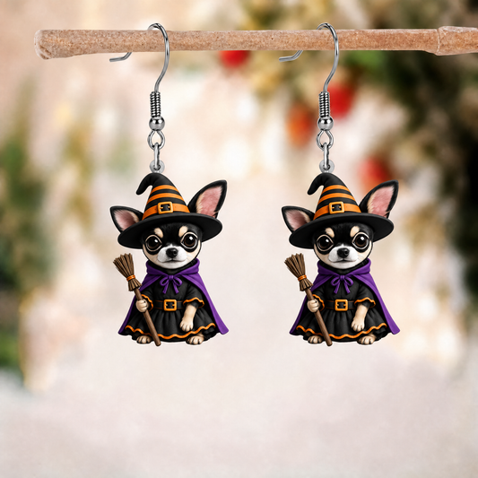 Witch Chihuahua Halloween Dangle Earrings