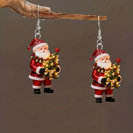 Christmas Santa Claus Holding Christmas Tree Design Earrings