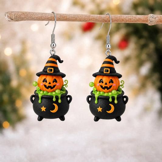 Pumpkin Witch Cauldron Halloween Dangle Earrings