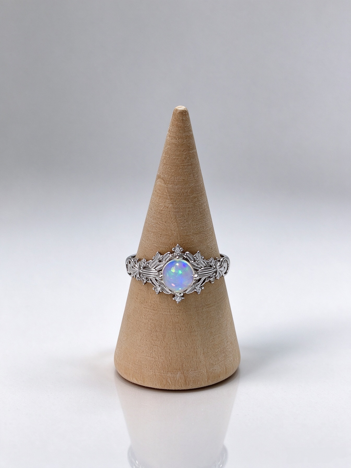Natural White Opal Floral Leaf Ring, Vintage S925 Dainty Opal Ring for Women