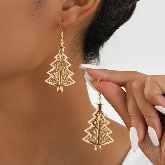 Elegant Golden-Tone Geometric Hollow Christmas Tree Earrings