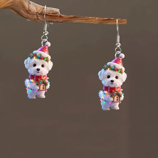 Christmas Cute Dog Earrings with Festive Outfit