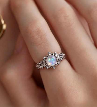 Natural White Opal Floral Leaf Ring, Vintage S925 Dainty Opal Ring for Women
