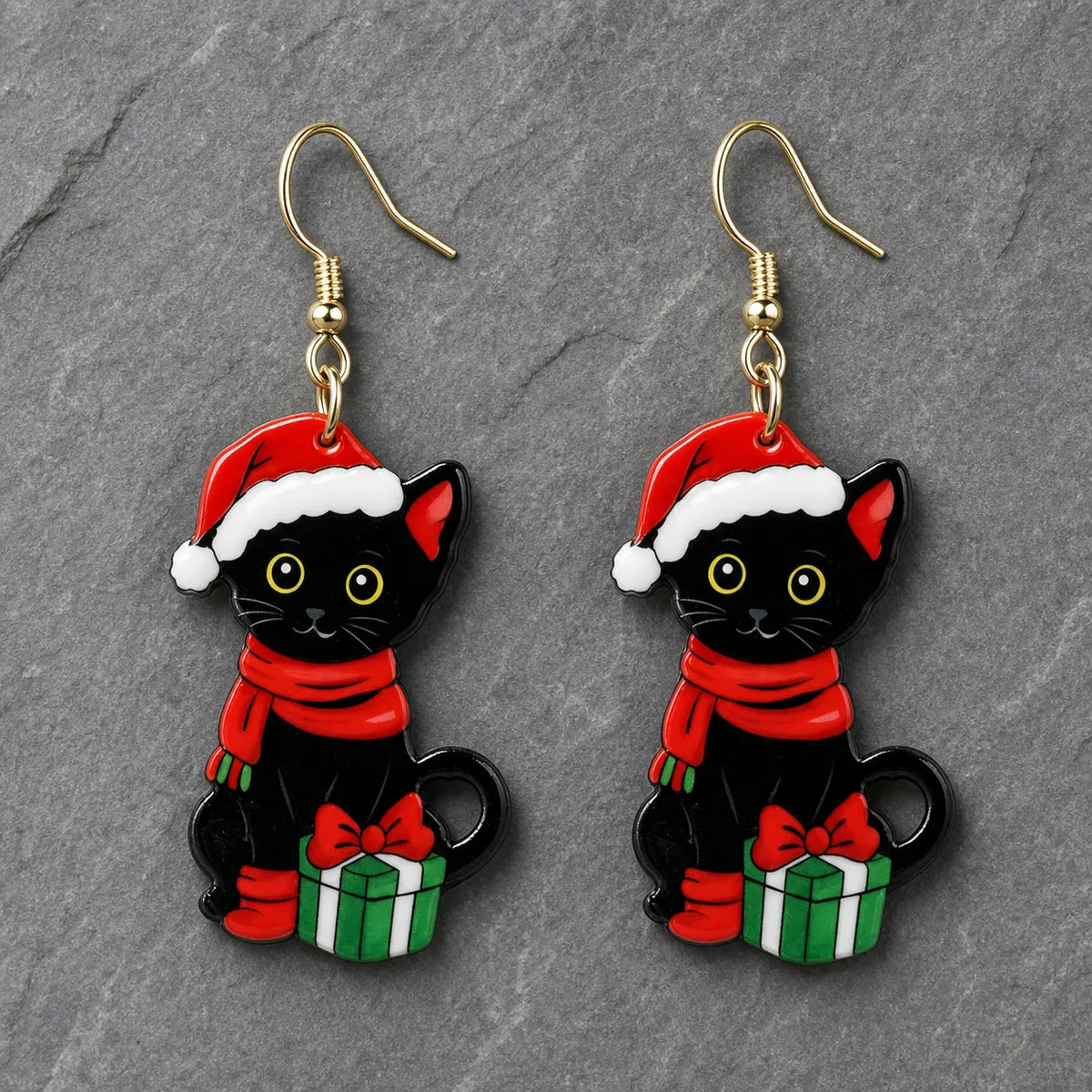 Vintage Christmas Black Cat Drop Earrings