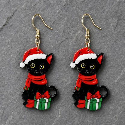 Vintage Christmas Black Cat Drop Earrings