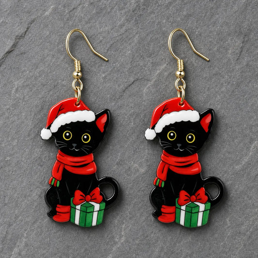 Vintage Christmas Black Cat Drop Earrings