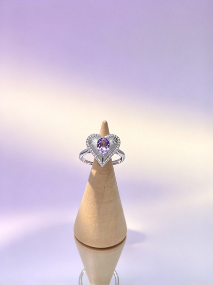Heart Shape Amethyst Ring, S925 Adjustable Ring