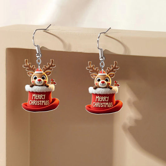 Christmas Reindeer with Red Hat & Jingle Bell Earrings