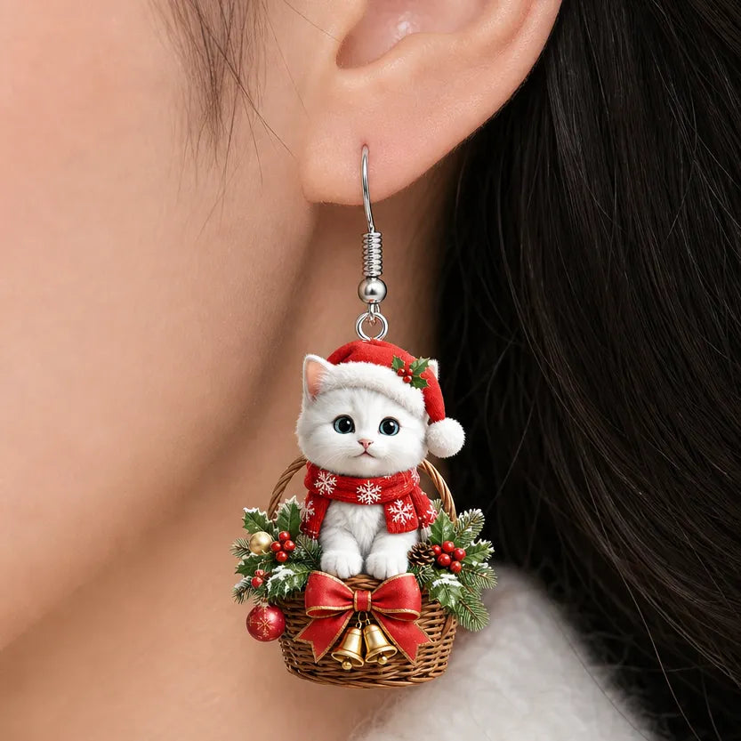 Vintage Christmas Kitten Basket Dangle Earrings