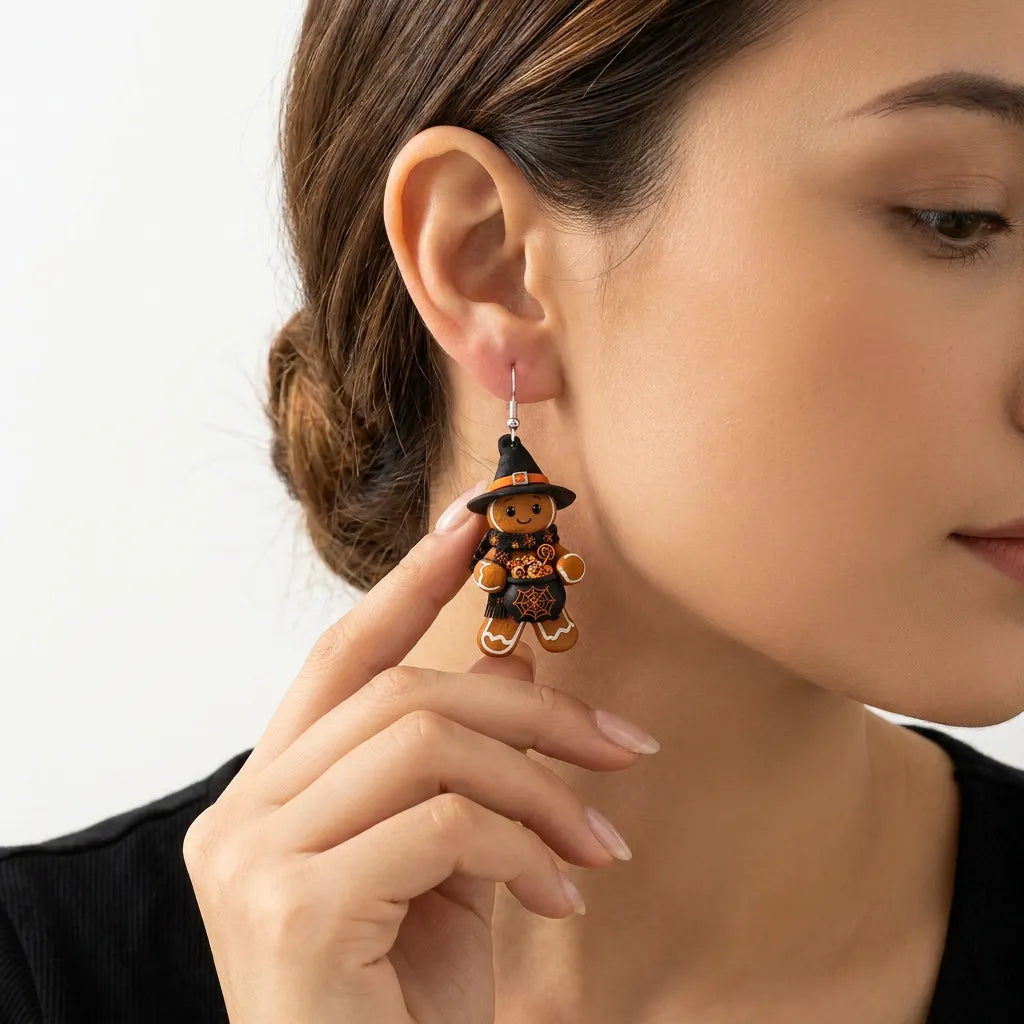 Gingerbread Man Witch Cauldron Spider Web Halloween Earrings