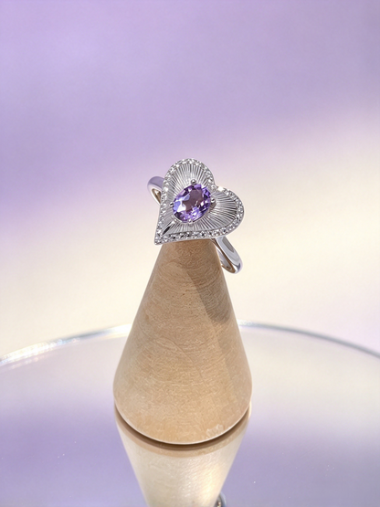 Heart Shape Amethyst Ring, S925 Adjustable Ring