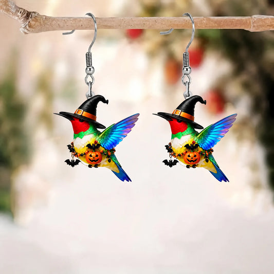 Colorful Hummingbird Witch Hat Halloween Acrylic Earrings