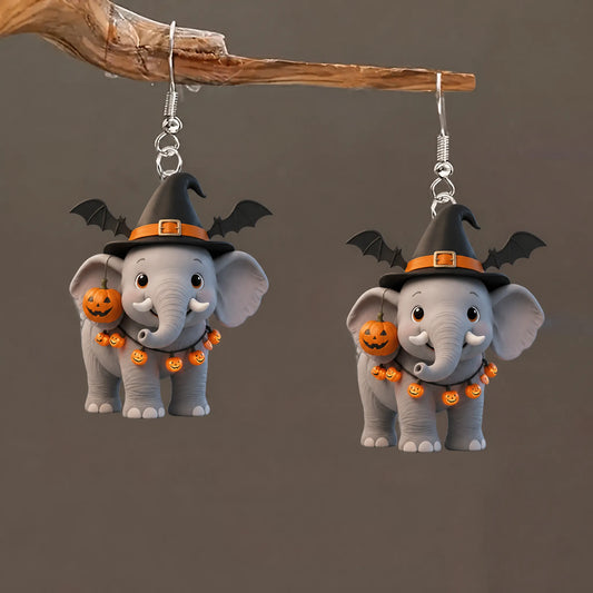 Cute Elephant Witch Hat Bat Pumpkin String Lights Halloween Acrylic Earrings